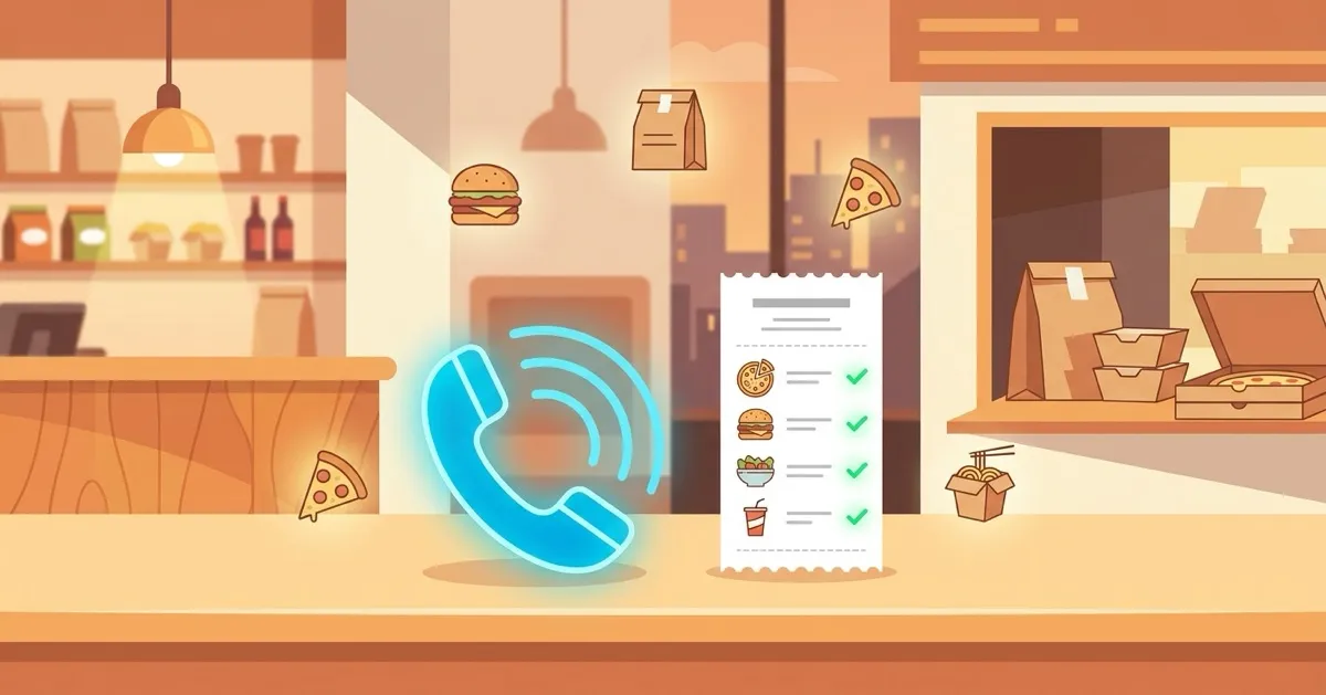 An AI phone assistant taking a phone order at a takeaway counter and producing an order ticket