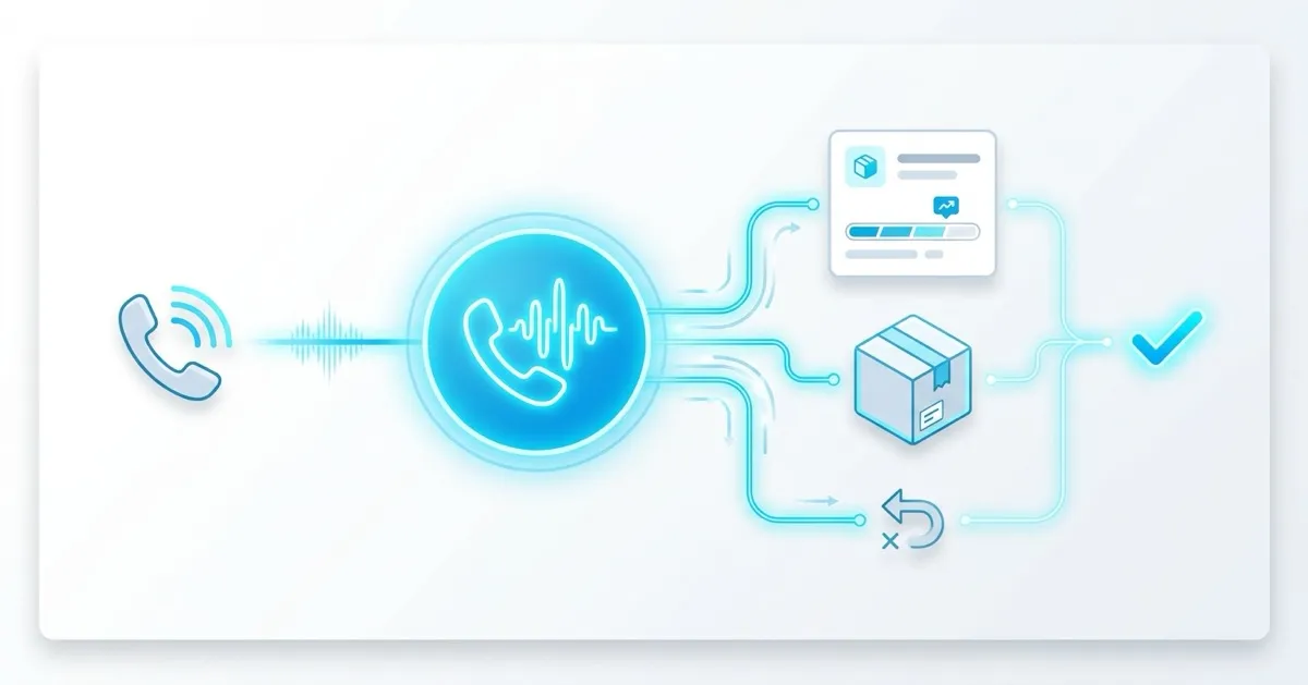 Online shop support flow: incoming call, AI phone assistant, access to order status, cancellation and return